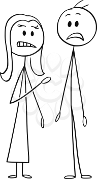 Cartoon stick drawing conceptual illustration of couple of man and woman standing stunned and shocked.