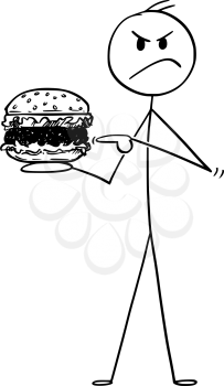 Cartoon stick drawing conceptual illustration of angry man holding hamburger.