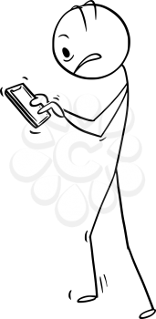 Cartoon stick drawing conceptual illustration of stressed man or businessman walking with mobile phone.
