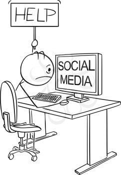 Cartoon stick drawing conceptual illustration of man or businessman addicted on social media or networking and holding help sign.