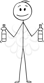 Cartoon stick drawing conceptual illustration of man going on party and holding two bottles of beer.