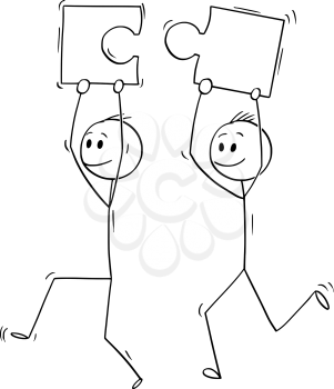 Cartoon stick drawing conceptual illustration of two men or businessmen holding jigsaw puzzle pieces matching together. Business concept of teamwork, problem and solution.