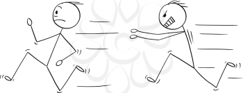 Cartoon stick drawing conceptual illustration of angry violent man chasing another man.