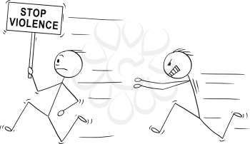 Cartoon stick drawing conceptual illustration of angry violent man chasing another man holding stop violence sign .