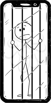Cartoon stick drawing conceptual illustration of man or businessman trapped inside of his mobile phone. Concept of addiction and dependence.