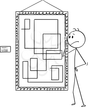 Cartoon stick drawing conceptual illustration of unsatisfied man looking at modern art painting in gallery.