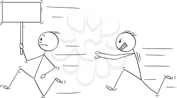 Cartoon stick drawing conceptual illustration of angry violent man chasing another man holding empty sign .