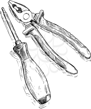 Vector artistic pen and ink drawing illustration of working tools - combination pliers and screwdriver.