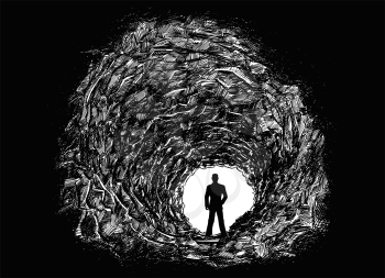 Vector artistic pen and ink drawing illustration of dark rough cave tunnel in rock.Silhouette or man or businessman standing in light at the end. Business concept.