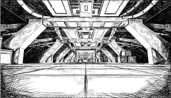 Comic pen and ink cartoon concept art drawing of dark abstract sci fi futuristic space ship or station interior corridor or hallway design.