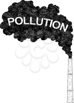 Vector artistic pen and ink drawing illustration of smoke coming from industry or factory smokestack or chimney into air. Environmental concept of pollution.