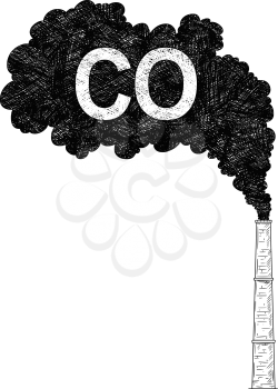 Vector artistic pen and ink drawing illustration of smoke coming from industry or factory smokestack or chimney into air. Environmental concept of carbon monoxide or CO pollution.