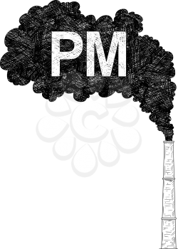 Vector artistic pen and ink drawing illustration of smoke coming from industry or factory smokestack or chimney into air. Environmental concept of particulate matter or PM pollution.