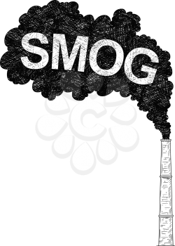 Vector artistic pen and ink drawing illustration of smoke coming from industry or factory smokestack or chimney into air. Environmental concept of smog pollution.