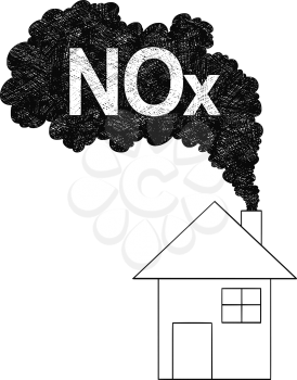 Vector artistic pen and ink drawing illustration of smoke coming from house chimney into air. Environmental concept of nitrogen oxides or NOx pollution.