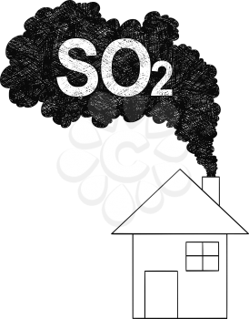 Vector artistic pen and ink drawing illustration of smoke coming from house chimney into air. Environmental concept of sulfur dioxide or SO2 pollution.