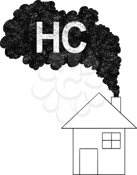 Vector artistic pen and ink drawing illustration of smoke coming from house chimney into air. Environmental concept of HC or hydrocarbon pollution.