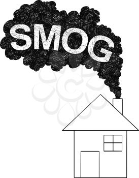 Vector artistic pen and ink drawing illustration of smoke coming from house chimney into air. Environmental concept of smog pollution.