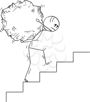 Cartoon stick drawing conceptual illustration of man or businessman carrying big piece of rock upstairs.Business concept of challenge and effort.
