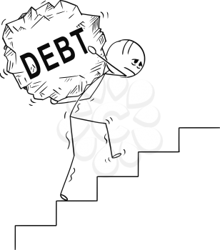 Cartoon stick drawing conceptual illustration of man or businessman carrying big piece of rock with text debt upstairs.Business concept of financial problem.
