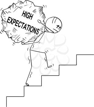 Cartoon stick drawing conceptual illustration of man or businessman carrying big piece of rock with text high expectations upstairs.Business concept of dreams and reality.