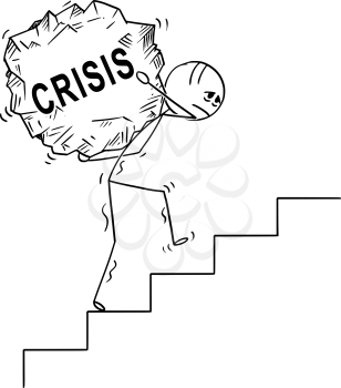 Cartoon stick drawing conceptual illustration of man or businessman carrying big piece of rock with text crisis upstairs.