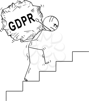 Cartoon stick drawing conceptual illustration of man or businessman carrying big piece of rock with text GDPR upstairs.
