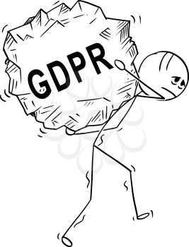 Cartoon stick drawing conceptual illustration of man or businessman carrying or walking with big piece of rock with text GDPR .