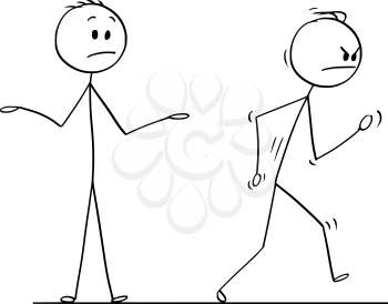 Cartoon stick drawing conceptual illustration of angry man or businessman leaving vigorously conversation with other man.