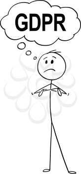 Cartoon stick drawing conceptual illustration of unhappy man or businessman thinking with text or speech bubble or balloon above his head saying GDPR.