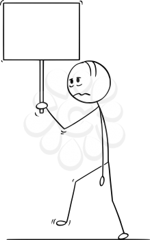 Cartoon stick drawing conceptual illustration of sad or depressed man or businessman walking with empty or blank sign.