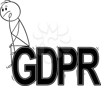 Cartoon stick drawing conceptual illustration of man or businessman sitting on big letters or text GDPR and thinking about. Business concept of date protection regulation.