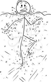 Cartoon stick drawing conceptual illustration of unhappy man swimming doing dog paddle or drowning in water.