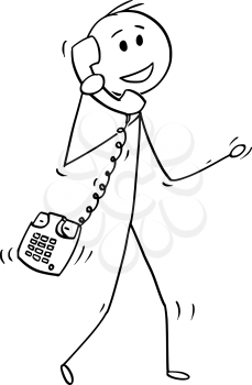 Cartoon stick drawing conceptual illustration of walking man or businessman making phone call with old table phone instead of mobile cell phone.