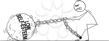 Cartoon stick drawing conceptual illustration of man or businessman pulling hard big Iron ball chained to his leg. Concept of low self-esteem limiting affected person .