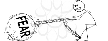 Cartoon stick drawing conceptual illustration of man pulling hard big Iron ball chained to his leg. Concept of fear limiting affected person .