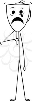 Cartoon stick drawing conceptual illustration of man or businessman hiding his real face behind unhappy sad mask.