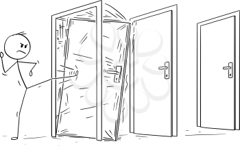 Cartoon stick drawing conceptual illustration of man or businessman kicking the locked door. First of many in his way. Business concept of overcoming obstacles.