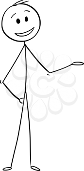 Cartoon stick drawing conceptual illustration of smiling man or businessman showing or offering something.