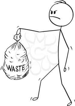 Cartoon stick drawing conceptual illustration of angry man carrying plastic bag full of waste. Concept of waste management and recycling.