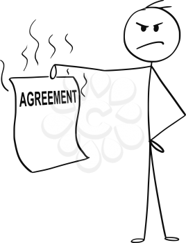 Cartoon stick drawing conceptual illustration of angry or disgusted man or businessman holding unfair or unethical agreement.