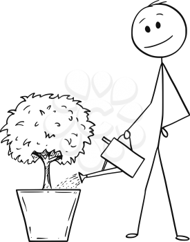 Cartoon stick drawing conceptual illustration of man or businessman watering small tree in big pot. Business concept of career, investment and success.