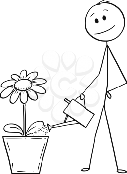 Cartoon stick drawing conceptual illustration of man or businessman watering flowering plant in big pot. Business concept of career, investment and success.