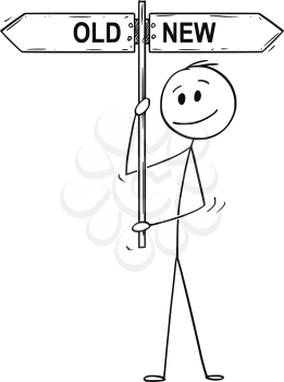 Cartoon stick drawing conceptual illustration of man or businessman holding arrow signpost or guide post or sign with old or new text.