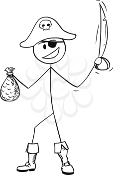 Cartoon stick drawing conceptual illustration of pirate with eye patch, sabre and bag of gold.