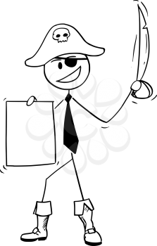 Cartoon stick drawing conceptual illustration of pirate businessman with eye patch, sabre and agreement. Business concept of unethical business.