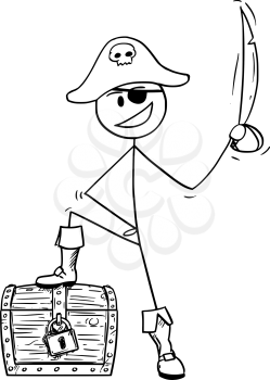 Cartoon stick drawing conceptual illustration of pirate with eye patch, sabre and treasure chest.