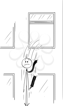 Cartoon stick man drawing conceptual illustration of businessman or banker jumping out of the window. Business concept of financial crisis or bankruptcy.