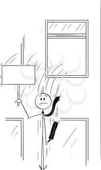 Cartoon stick man drawing conceptual illustration of businessman or banker jumping out of the window and holding empty sign. Business concept of financial crisis or bankruptcy.
