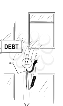 Cartoon stick man drawing conceptual illustration of businessman or banker jumping out of the window and holding sign with debt text. Business concept of financial crisis or bankruptcy.